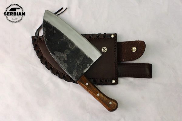 Serbian Style Carbon Handmade Chef Knife with Wood Handle and Leather Sheath by Serbian Knife