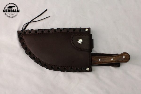 Serbian Style Carbon Handmade Chef Knife with Wood Handle and Leather Sheath by Serbian Knife