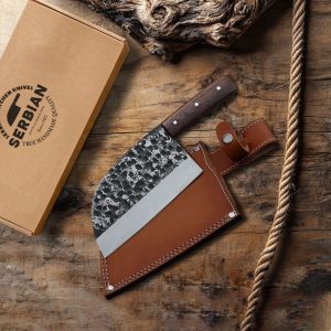 Custom Hand Forged High Carbon Steel Cleaver Chef Knife with Leather Sheath by serbian